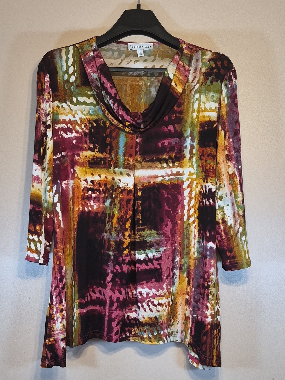 Southern Lady Multicolor Abstract Cowl Neck Tunic - Burgundy, Olive, Gold